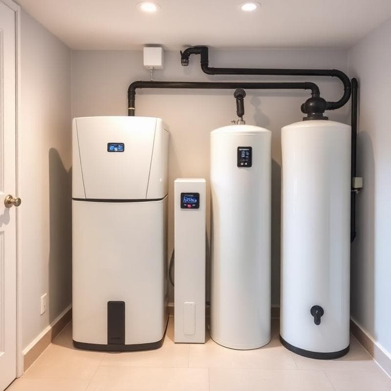 A clean mechanical room with water softening equipment